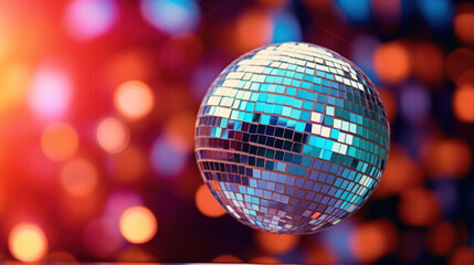 Fototapeta na wymiar Colorful shining disco ball, nightclub lights in blurred background