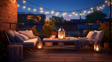 View over cozy outdoor terrace with outdoor string lights. Autumn evening on the roof terrace of a beautiful house with lanterns, digital ai art - obrazy, fototapety, plakaty