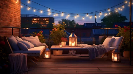 Foto op Aluminium View over cozy outdoor terrace with outdoor string lights. Autumn evening on the roof terrace of a beautiful house with lanterns, digital ai art © Prasanth