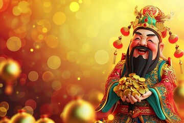 Celebrating Chinese New Year with good fortune wishes from the god of wealth - obrazy, fototapety, plakaty