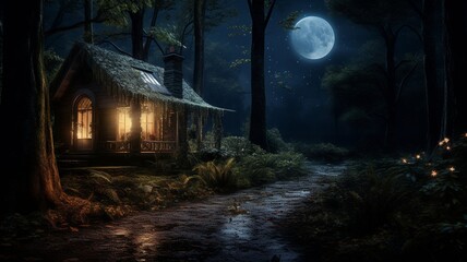 Celestial haven: A secluded cabin nestled in the woods, bathed in the soft glow of the moon, with stars peeking through the branches -Generative Ai