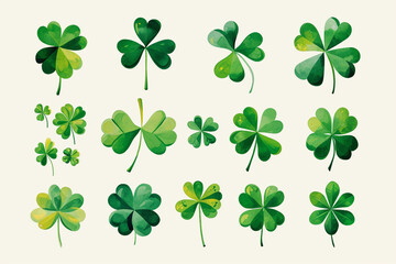 A collection of variously styled shamrocks, St Patrick’s Day drawings, flat illustration