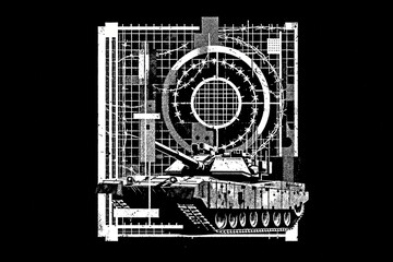 blended collage tank, a portal, barbed wire, and a grid  isolated on a black background