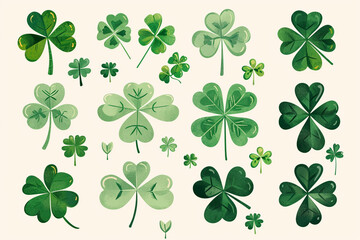A collection of variously styled shamrocks, St Patrick’s Day drawings, flat illustration