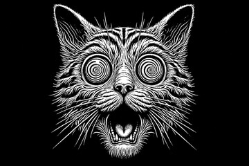 shocked cat face with a hypnotized eye isolated on a black background