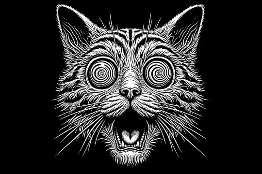 shocked cat face with a hypnotized eye isolated on a black background
