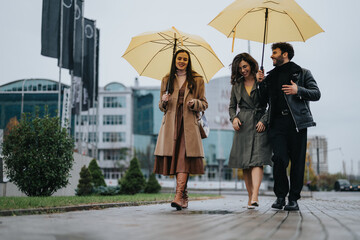 Two women and a man laughing together walking with umbrellas in the city.