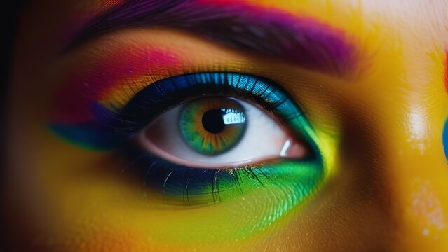 Green female eye close-up with colorful Holi-style makeup. Beautiful fashion with creative artwork and makeup