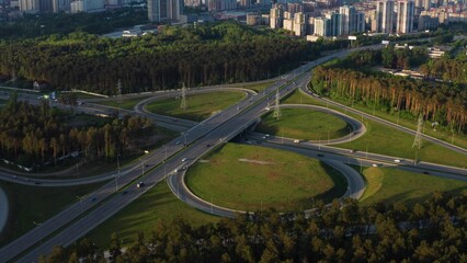 Aerial view of a busy motorway interchange with a lot of traffic