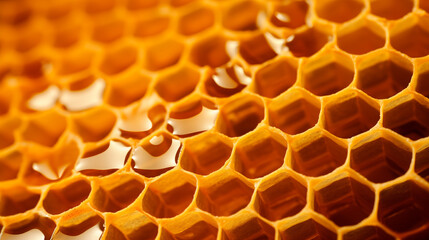 Macro section of wax honeycomb from a bee hive filled with raw golden honey. Background texture and pattern of a honeycomb, Close up - obrazy, fototapety, plakaty