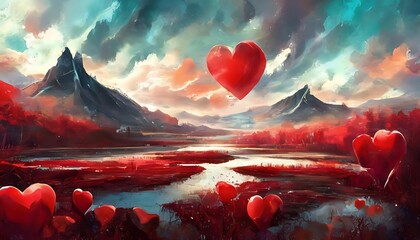 valentines day background banner abstract panorama background with red hearts concept love - obrazy, fototapety, plakaty