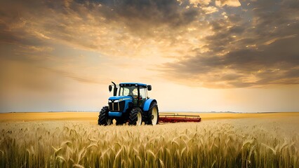 A blue tractor in the middle of a wheat field