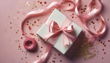 top view photo of st valentine s day decorations white gift box with bow pink curly ribbon and sequins on pastel pink background with copyspace