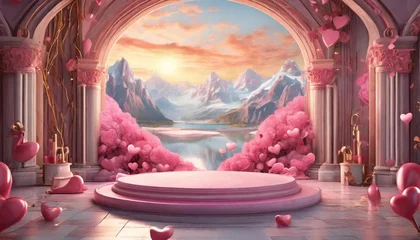 Foto op Plexiglas pink podium in love theme background with decorations © Simone