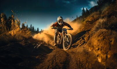 Person riding a low angle view of mountain biker on a dusty road, downhill, extreme sports