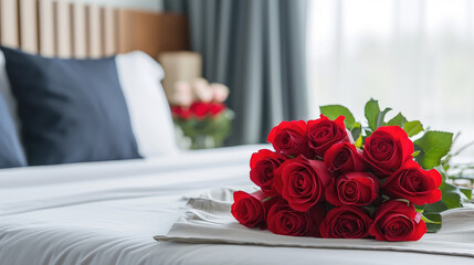 Bouquet of Red Roses on bed, valentines day, date, romantic
