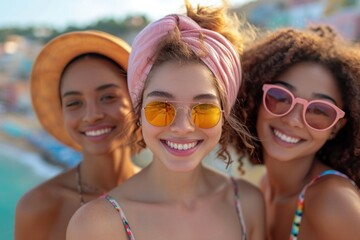 Obraz premium A trio of friends, alluring and happy, capture summer moments with beach selfies and laughter.