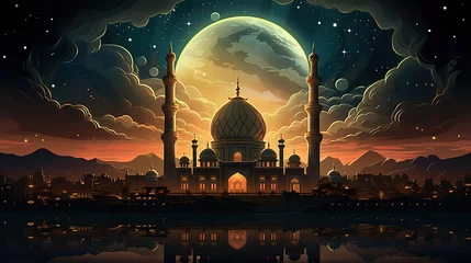 Poster Big mosque in a city at night under a big moon with a beautiful sky, Ramadan Kareem concept illustration © Tikka MS