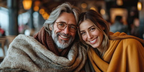 Fototapeta premium A happy mature couple on a winter date, affectionately covering up on a restaurant terrace.