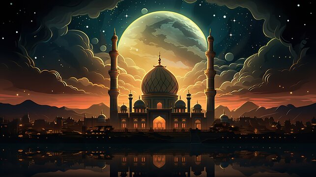 Big mosque in a city at night under a big moon with a beautiful sky, Ramadan Kareem concept illustration