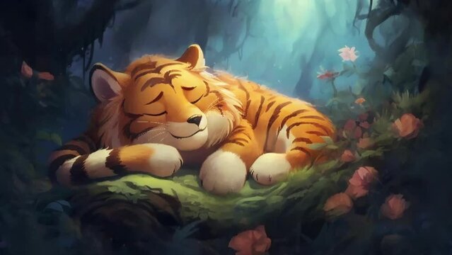 Cute Cartoon Tiger Asleep in the Jungle