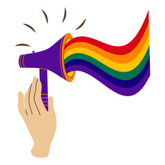 Symbol of the LGBT community. A hand holds a loudspeaker in the color of the LGBT community. LGBT flag or Rainbow flag.