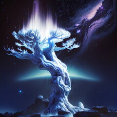Beautiful magic tree in space with stars and nebula.
