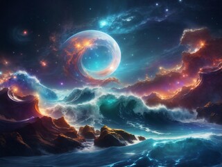 "Cosmic Waves Unleashed: A Celestial Ballet of Oceanic Shifts - Mesmerizing 3D Art Illustrating the Harmonious Dance Between Celestial Bodies and the Eternal Tide."