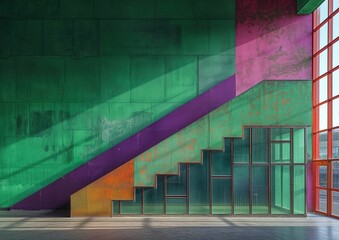 Naklejka premium Escalera dentro de un gran espacio arquitectónico, de colores vivos, como el verdes, morado, naranja, rosa, ventanales que permiten el paso de la luz natural, estructuras metálicas en las ventanas