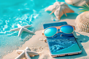 Fototapeta na wymiar Creative summer sandy beach on smartphone with blue seaside background, close up with copy space