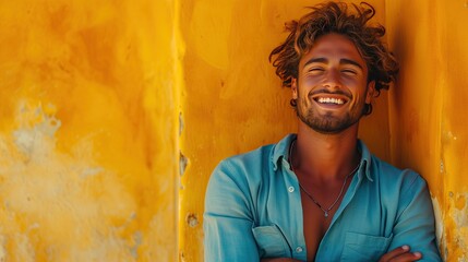 Hombre joven despreocupado, disfrutando de un fin de semana fuera de la ciudad, riéndose, con camisa azul apoyado en muro amarillo, tranquilidad financiera, ahorros, inversiones, rentabilidad, riesgo - obrazy, fototapety, plakaty