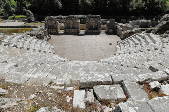 Cavea, proscenium, orchestra of the Hellenistic theatre dated in the mid-3rd.century BC, Butrint archaeological site. Vlore county-Albania-143