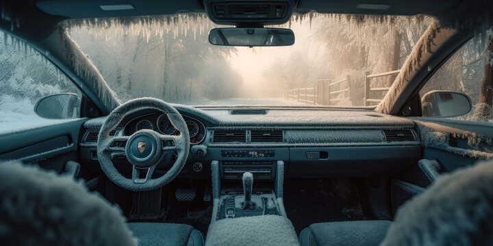 A frozen car ride, with the icy windshield blurring my view of the road ahead, as i grip the steering wheel and glance at the control panel, the vehicle audio humming softly in the background
