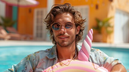Hombre joven sujetando un flotador de unicornio, de su hija, pasando unas estupendas vacaciones en una villa con piscina, con gafas de sol, camisa estampada, colores azules y amarillo mostaza, feliz - obrazy, fototapety, plakaty