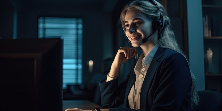 A focused woman wearing a headset and sitting at her computer, surrounded by walls and technology, embodies the modern multitasking professional