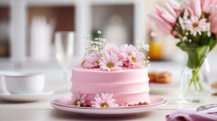 Fototapeta na wymiar Beautifully decorated cake with pink flowers on festive spring table. Easter concept, March 8, mother's day