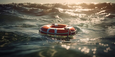 A vibrant red life preserver peacefully floats on the glistening water, symbolizing hope and safety amidst the vastness of the open sea
