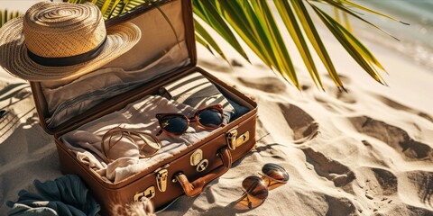 Vintage suitcase, hat and sunglasses on sandy beach. Travel concept