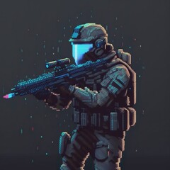 Pixel Art Soldier holding a assault gun logo