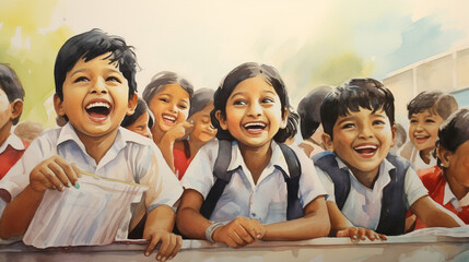 In the kindergarten, children are gathering together and laugh constantly in light background