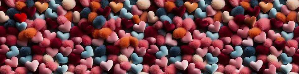 Fototapeta premium Seamless pattern. Plush hearts. Happy valentine's day 14 February celebration . Toys, decoration. Poster, ultra wide banner, header, place for text. Design graphics element. Generative AI Content