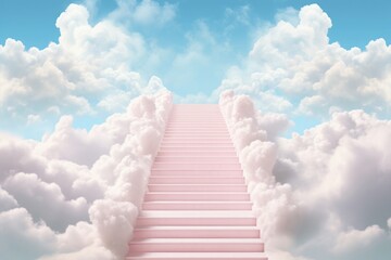Stairway to heaven through white clouds in blue sky background. - obrazy, fototapety, plakaty