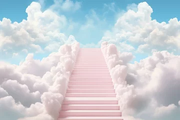Fotobehang Stairway to heaven through white clouds in blue sky background. © stopabox