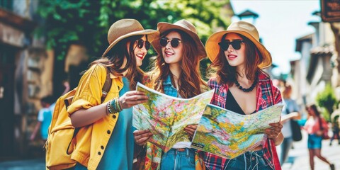 Three beautiful young women in hats and sunglasses with map in the city
