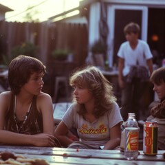 Two young people are sitting at a wooden table. They are dressed in t-shirts. Drinks are on the table. People of the 80s.