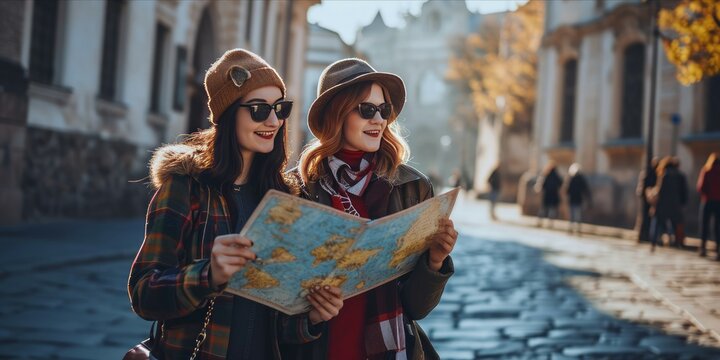 Two young women tourists with map in the city. Travel and vacation concept.