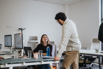 Obraz premium Multiracial coworkers discussing reports and analyzing statistics in a creative office. Business people brainstorming ideas for profit growth and strategizing project development.