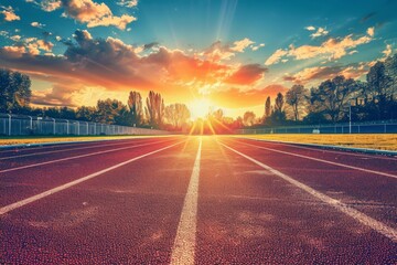 athletic track at sunset Generative AI - obrazy, fototapety, plakaty