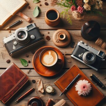 Vintage photo camera on table, cup of coffee and a book, still life 