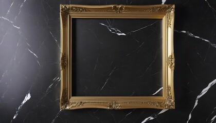 Squared gold frame on black marble wall, light on the left side
